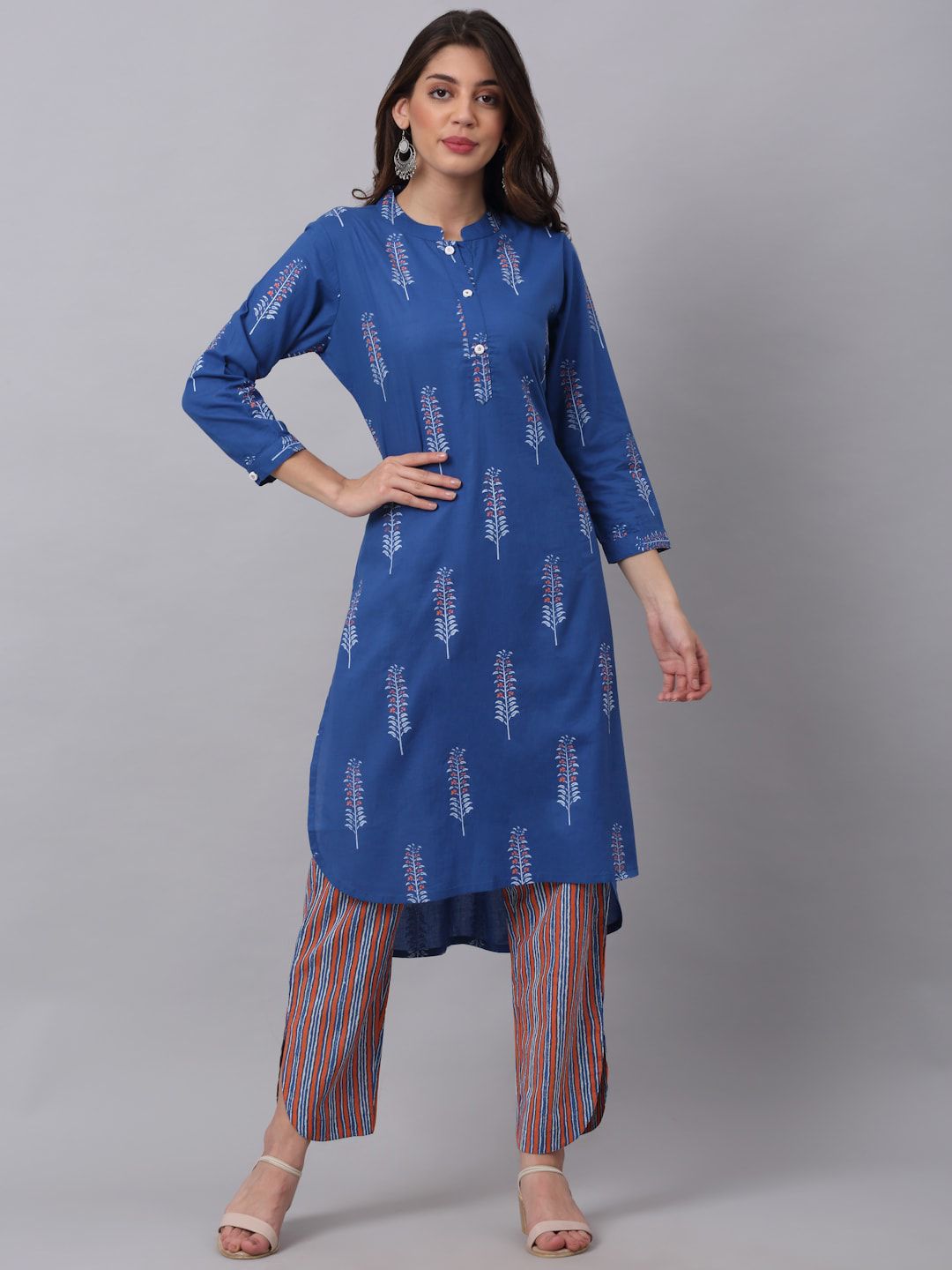 KALINI Women Blue Ethnic Motifs Embroidered Pure Cotton Kurti with Trousers Price in India