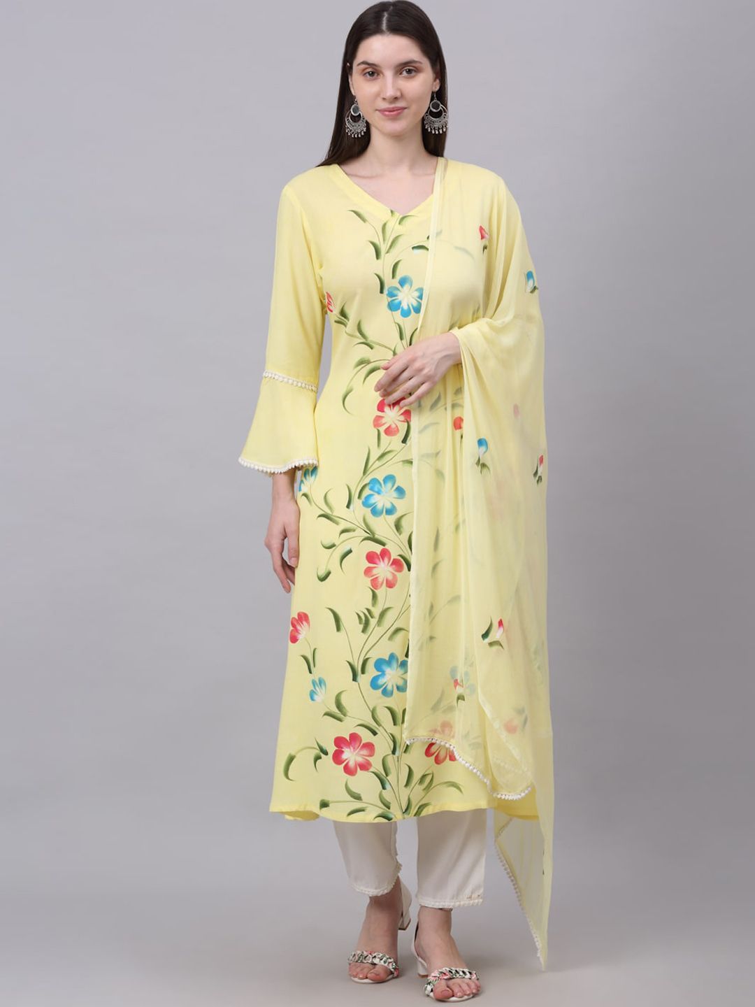 KALINI Women Yellow Floral Printed Kurta with Trousers & With Dupatta Price in India