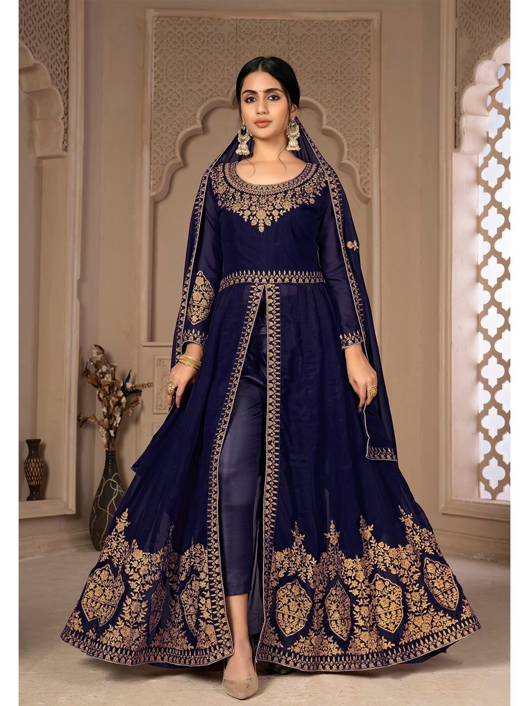Divine International Trading Co Blue & Gold-Toned Embroidered Unstitched Dress Material Price in India
