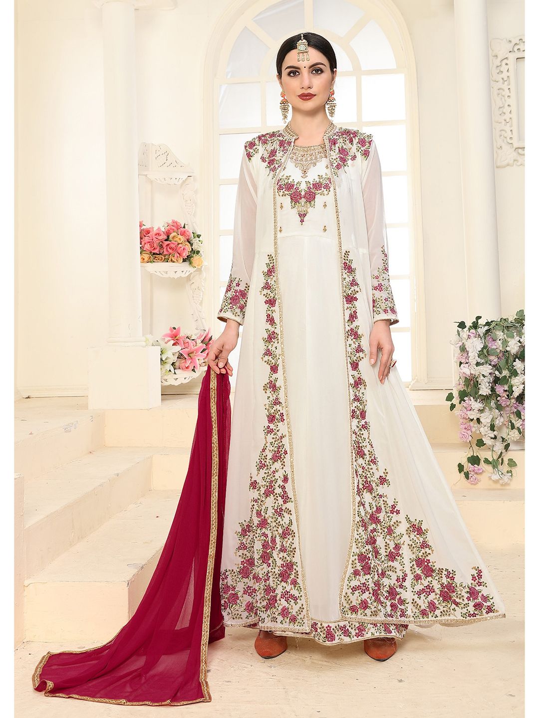 Divine International Trading Co White & Red Embroidered Unstitched Dress Material Price in India