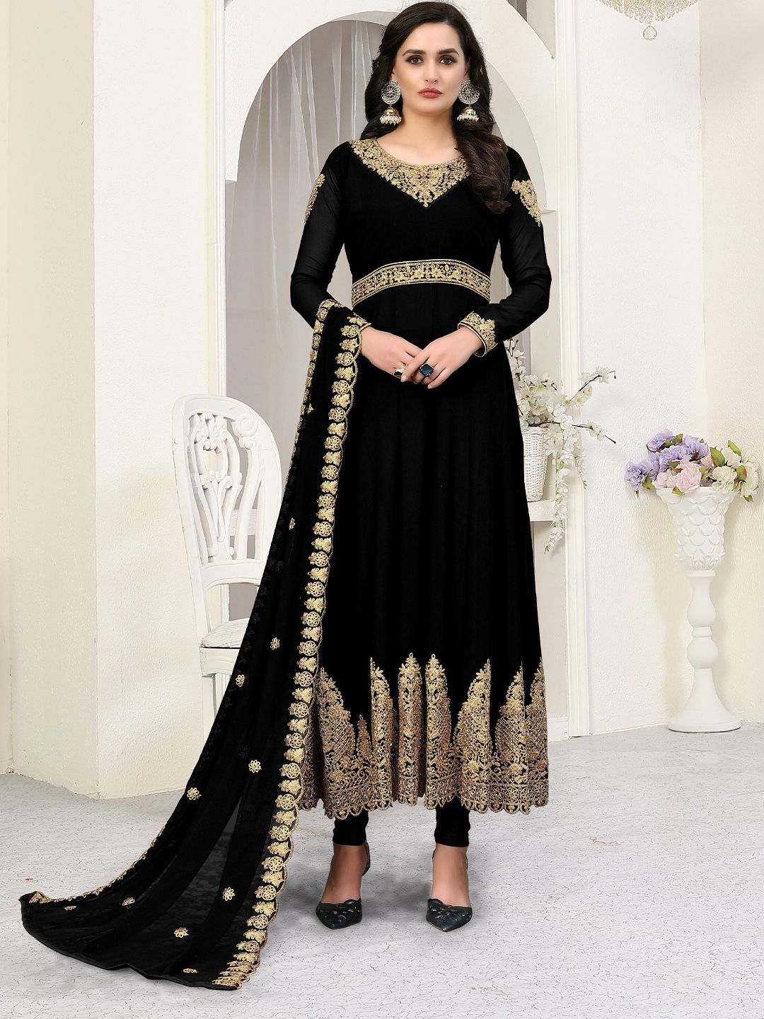Divine International Trading Co Black & Gold-Toned Embroidered Unstitched Dress Material Price in India