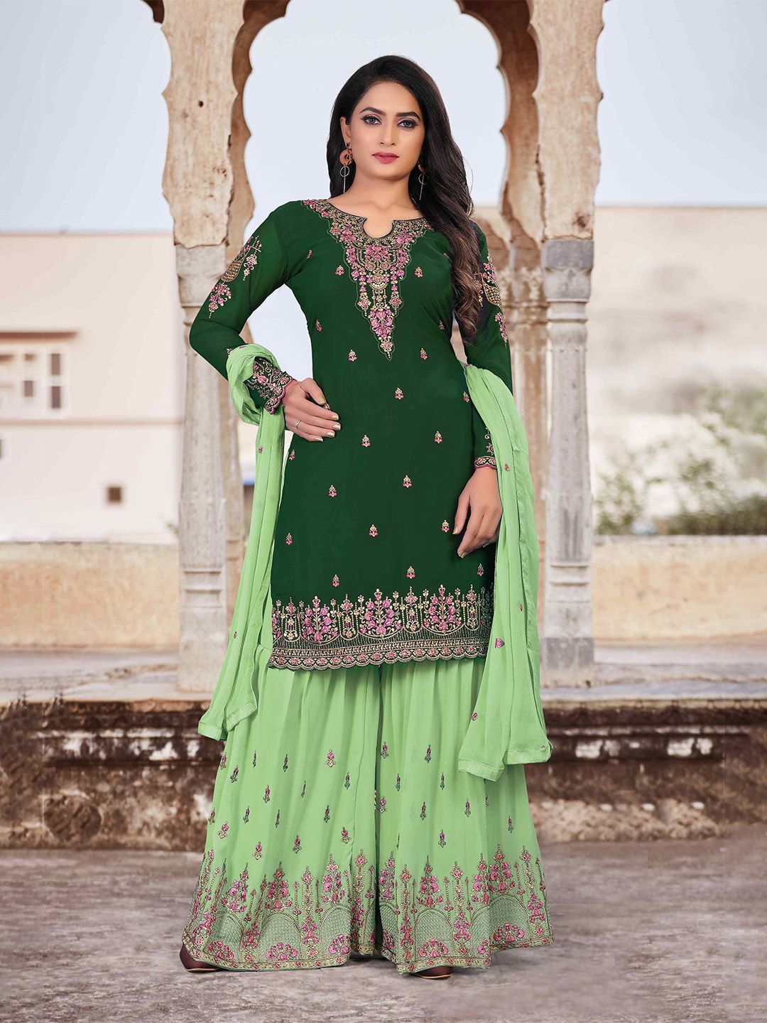 Divine International Trading Co Green & Gold-Toned Embroidered Unstitched Dress Material Price in India