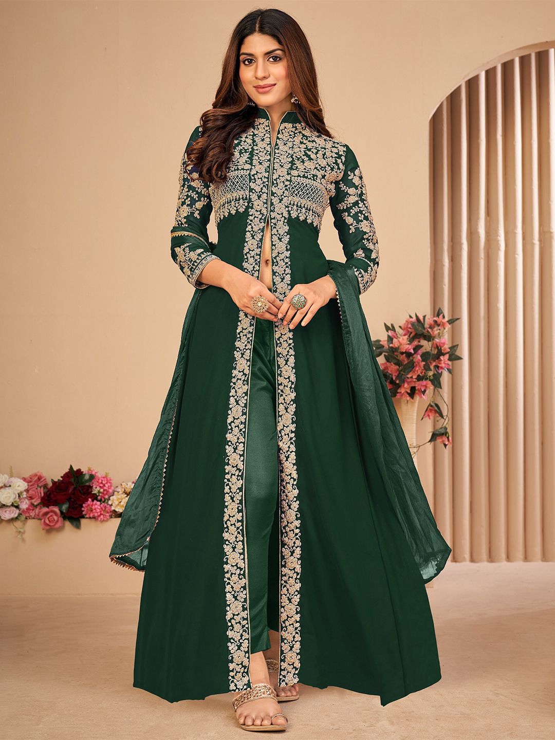 Divine International Trading Co Green & Gold-Toned Embroidered Unstitched Dress Material Price in India