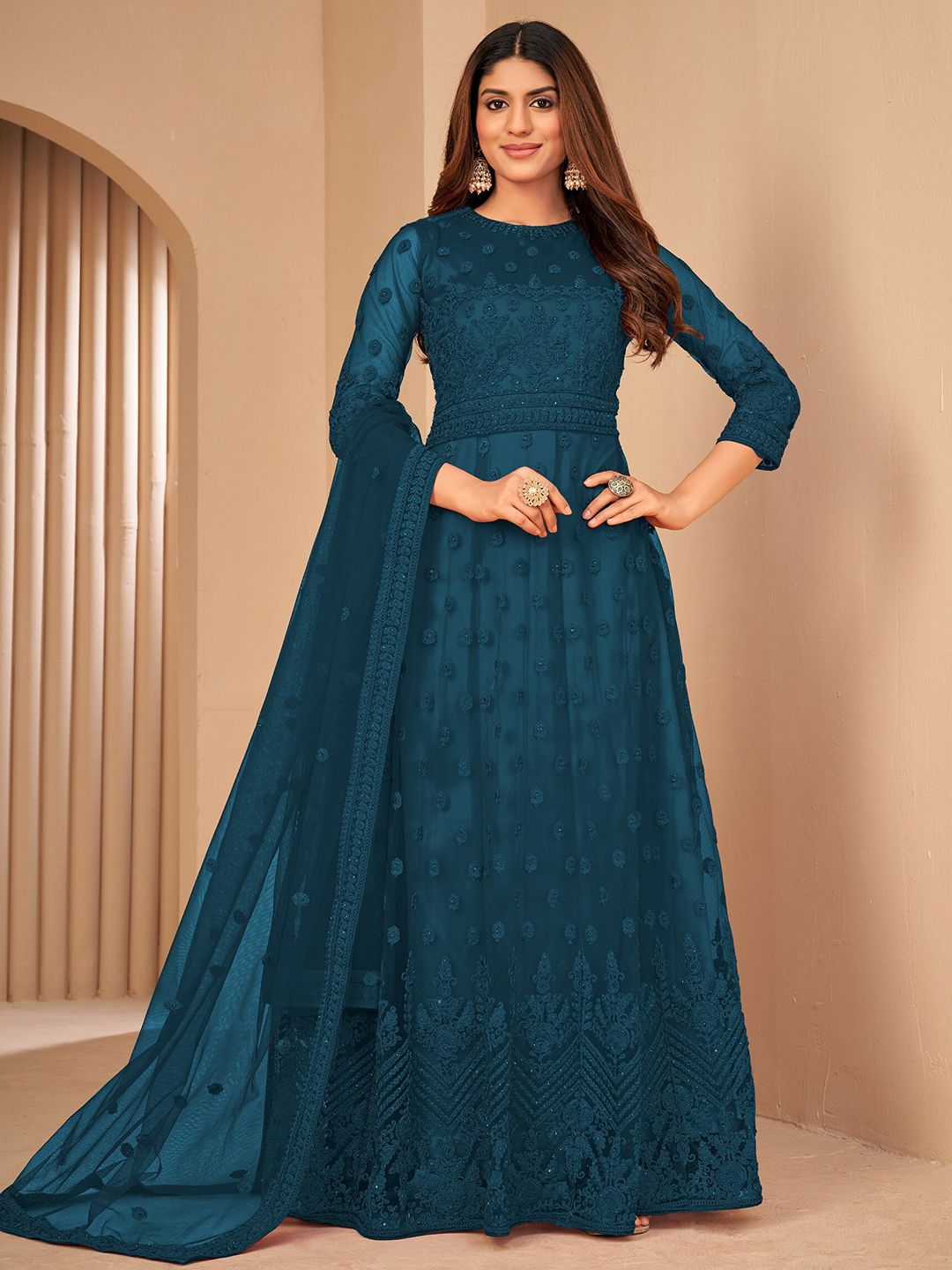 Divine International Trading Co Turquoise Blue Embroidered Unstitched Dress Material Price in India