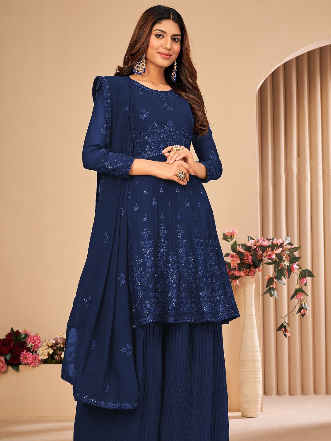 Divine International Trading Co Blue Embroidered Unstitched Dress Material Price in India