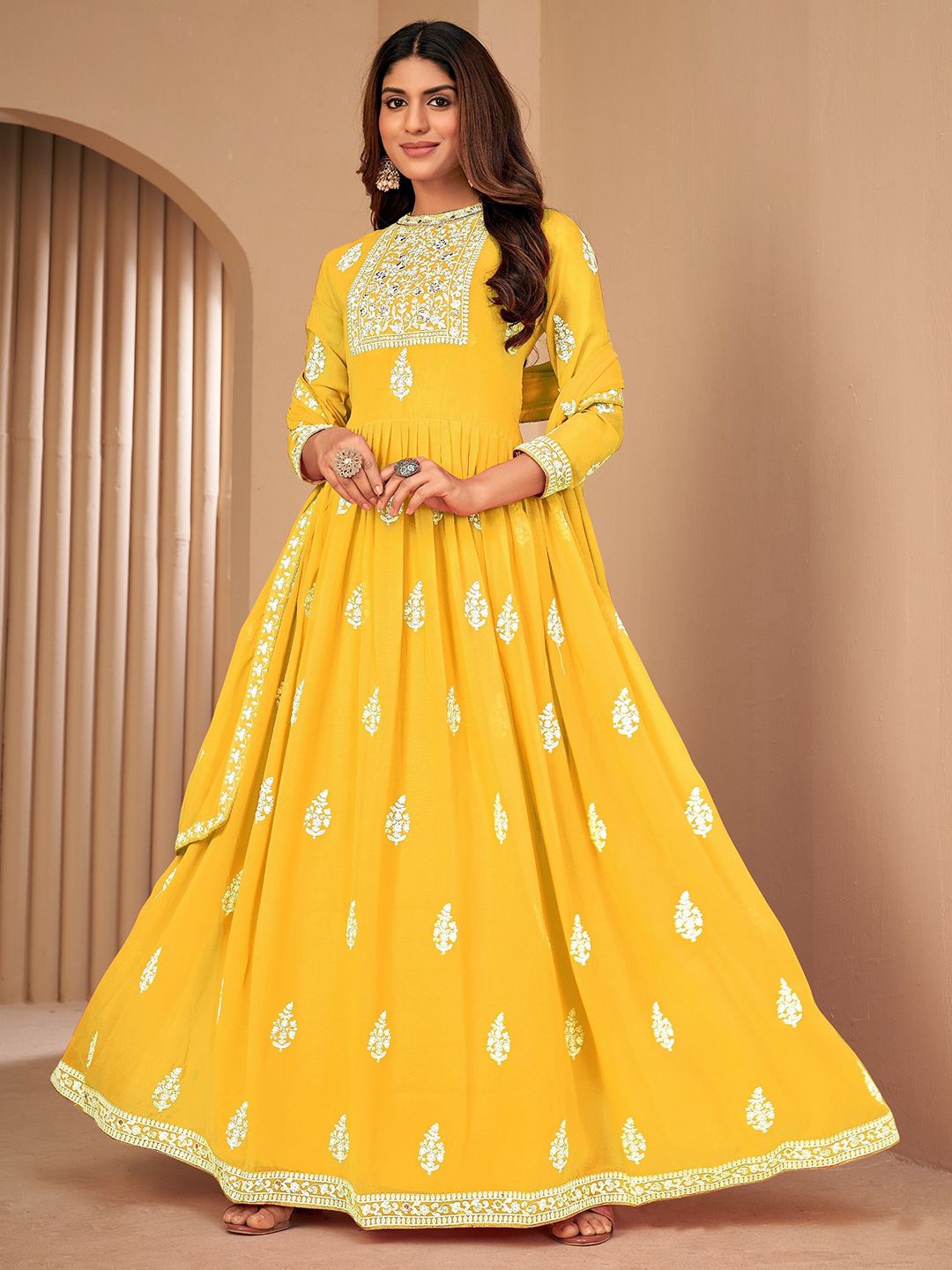 Divine International Trading Co Yellow & White Embroidered Unstitched Dress Material Price in India