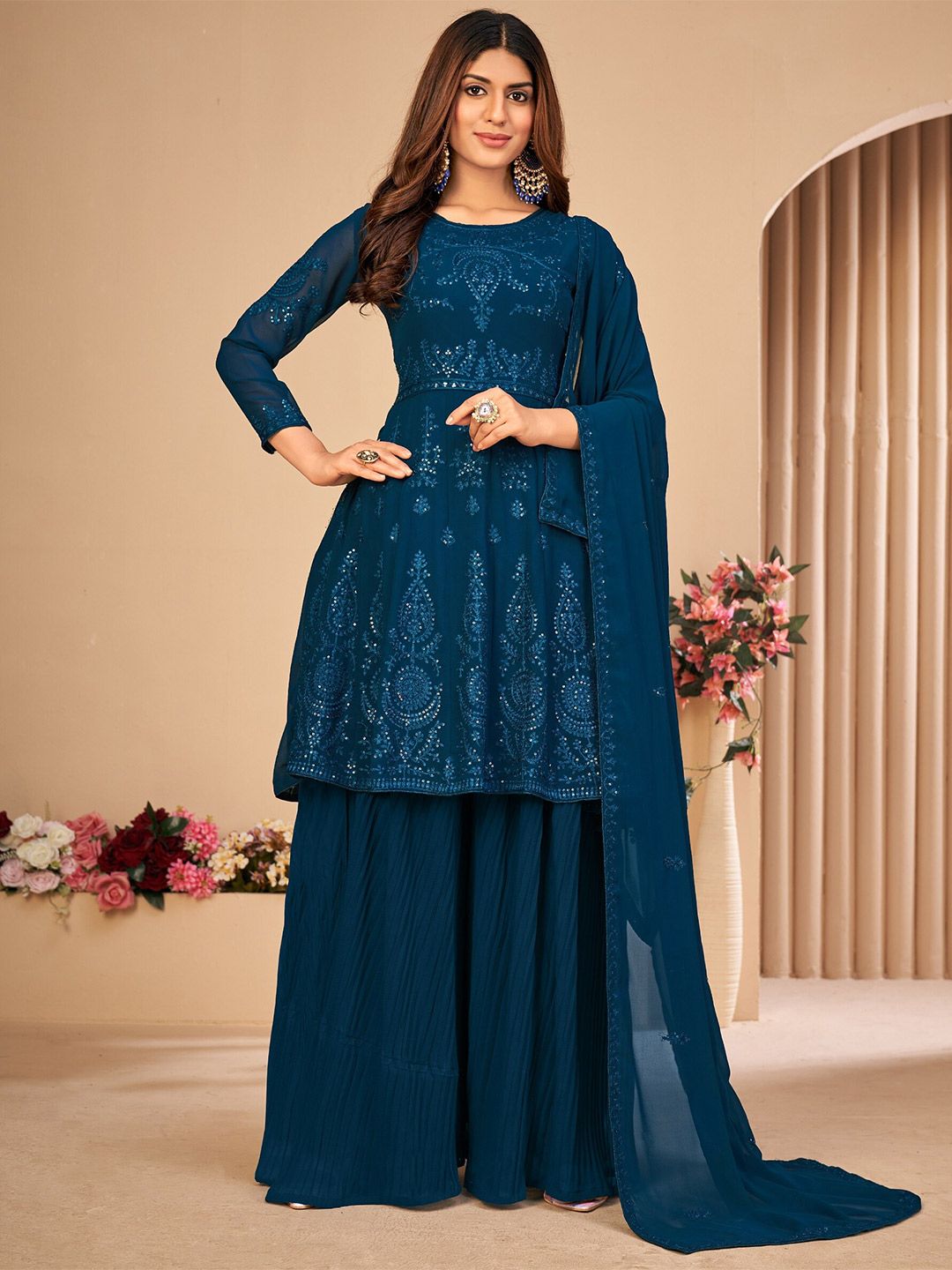 Divine International Trading Co Turquoise Blue Embroidered Unstitched Dress Material Price in India