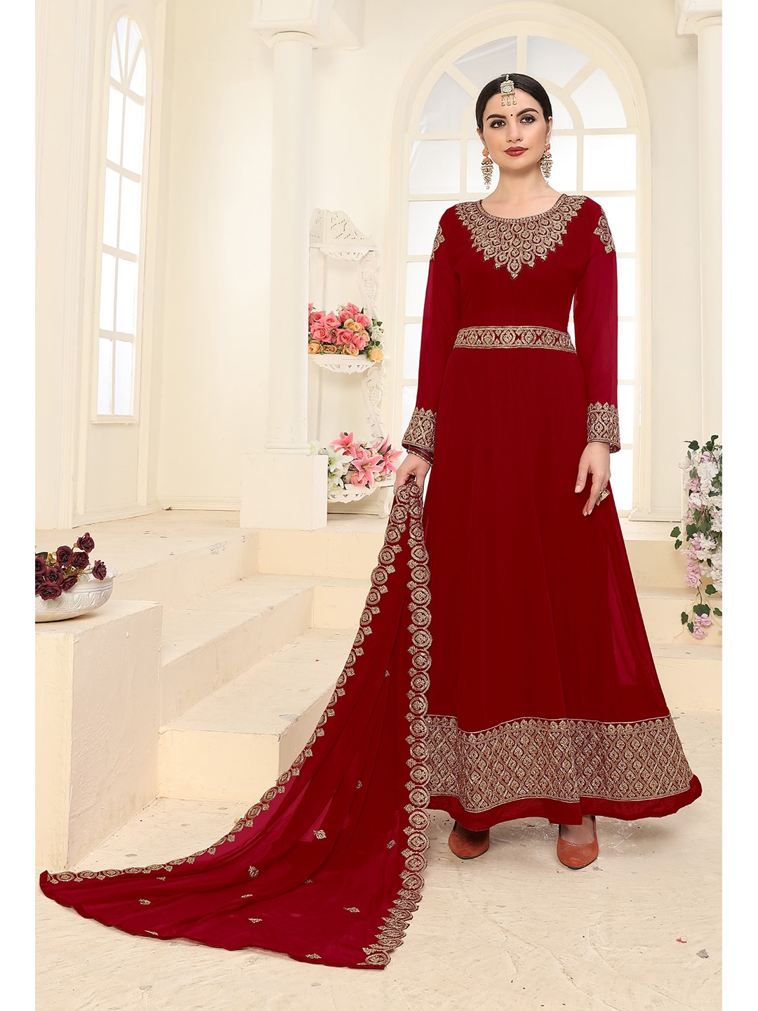 Divine International Trading Co Maroon & Gold-Toned Embroidered Unstitched Dress Material Price in India