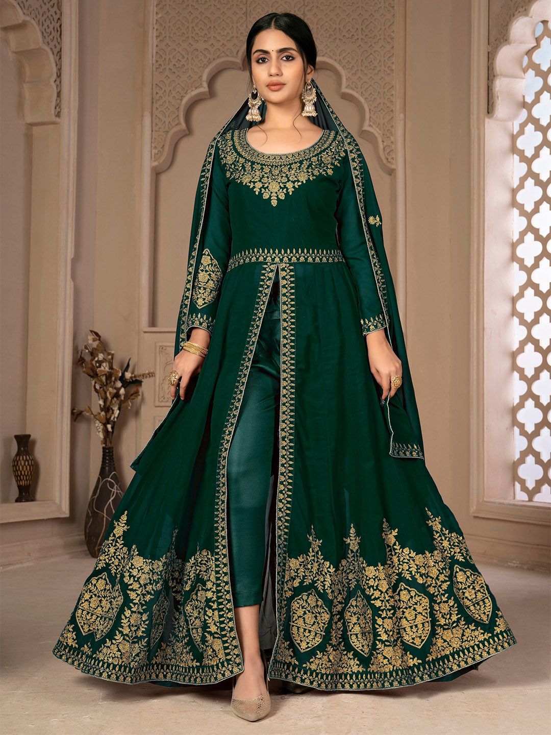 Divine International Trading Co Green & Gold-Toned Embroidered Unstitched Dress Material Price in India
