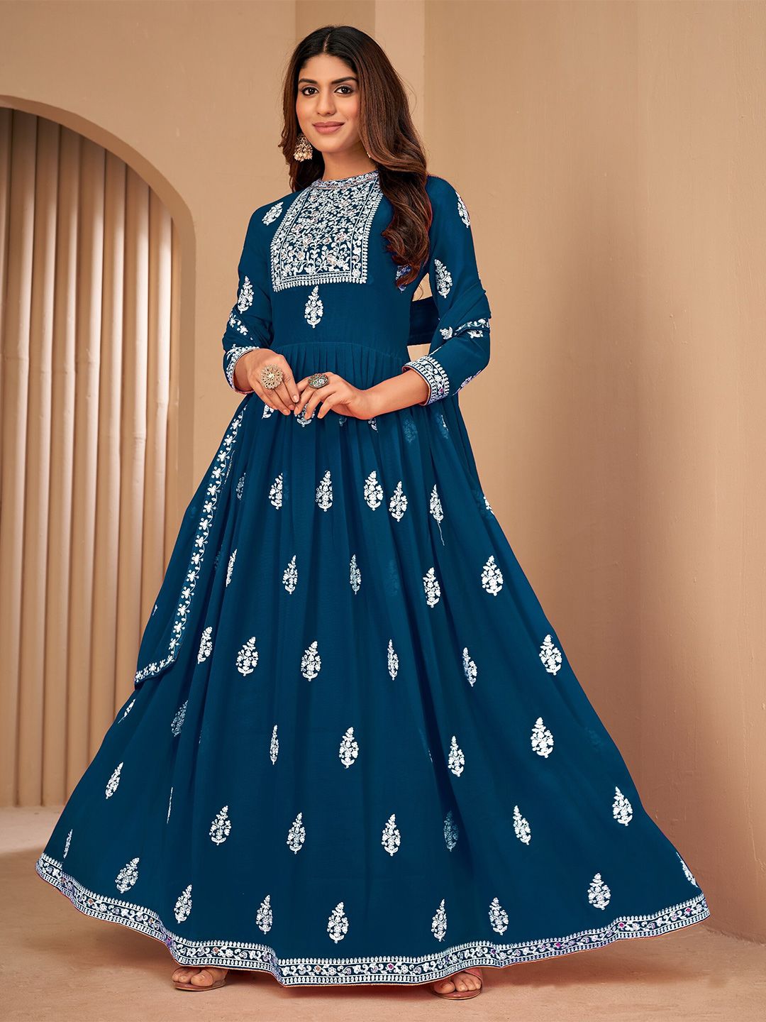 Divine International Trading Co Turquoise Blue & White Embroidered Unstitched Dress Material Price in India