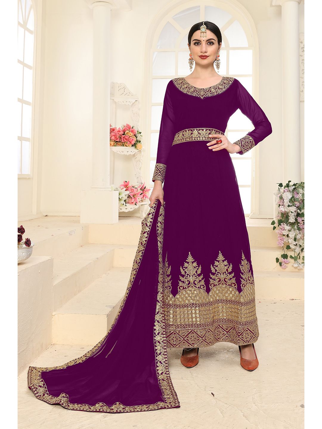 Divine International Trading Co Purple & Gold-Toned Embroidered Unstitched Dress Material Price in India
