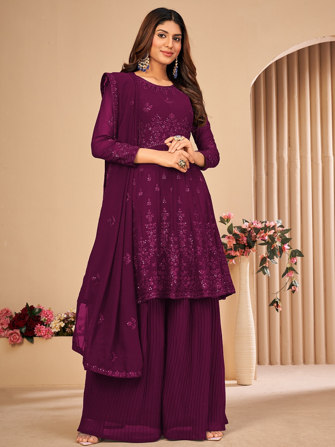 Divine International Trading Co Purple Embroidered Unstitched Dress Material Price in India