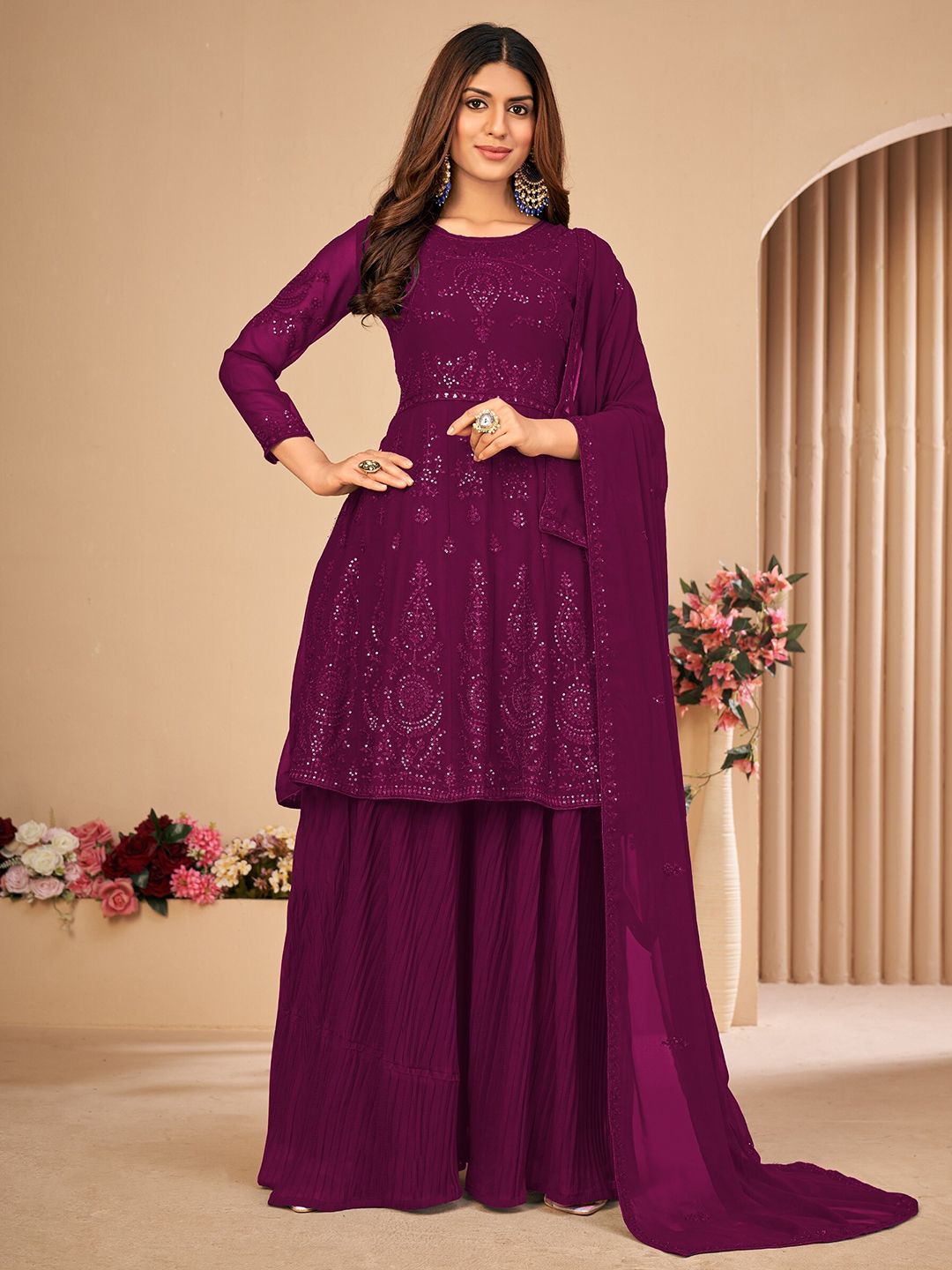 Divine International Trading Co Purple Sequins Embroidered Unstitched Dress Material Price in India