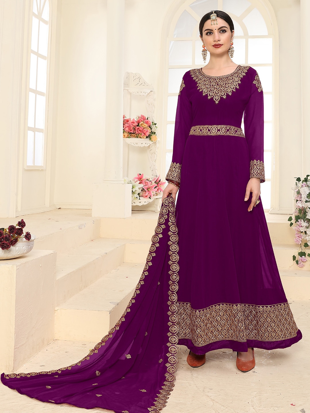 Divine International Trading Co Purple & Gold-Toned Embroidered Unstitched Dress Material Price in India