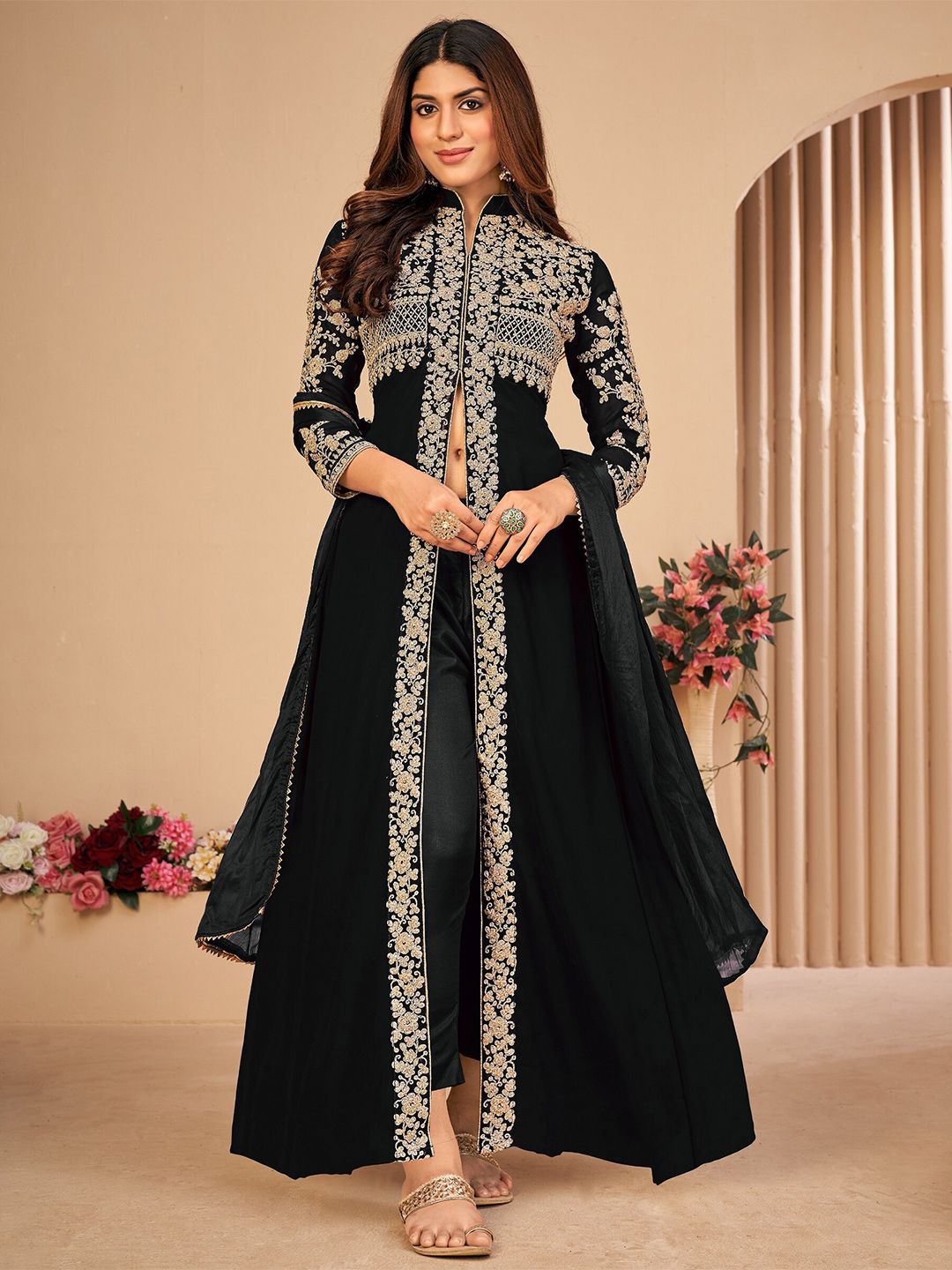 Divine International Trading Co Black & Silver-Toned Embroidered Unstitched Dress Material Price in India