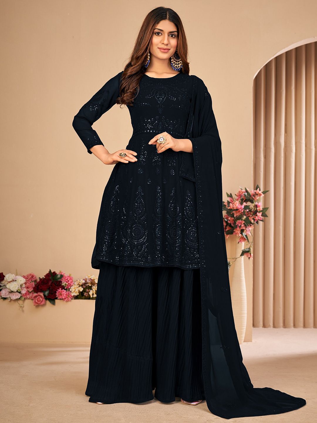 Divine International Trading Co Black Sequins Embroidered Unstitched Dress Material Price in India