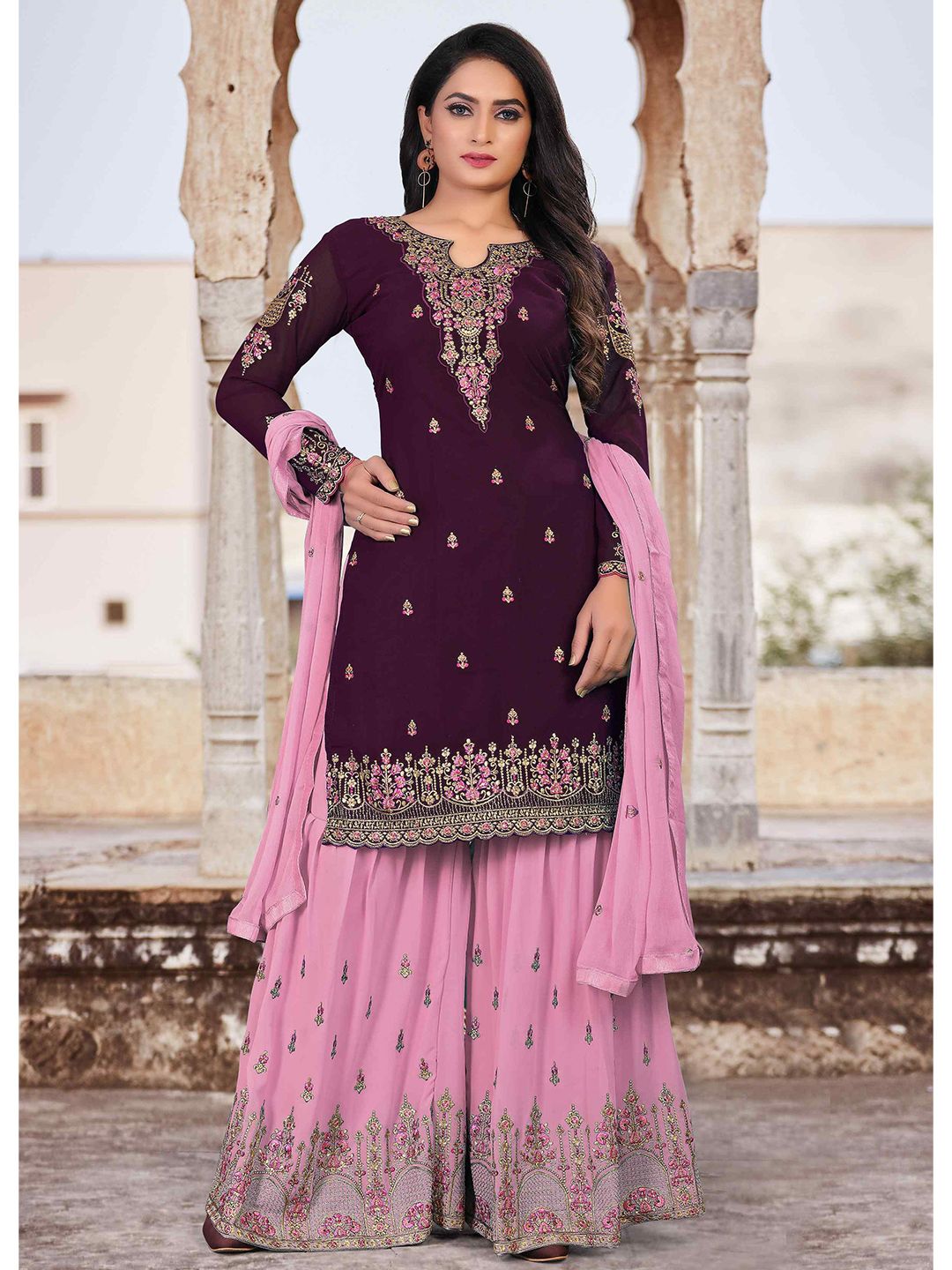 Divine International Trading Co Purple & Pink Embroidered Unstitched Dress Material Price in India