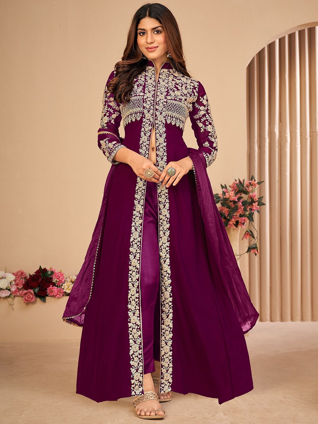Divine International Trading Co Purple Embroidered Front Slit Unstitched Dress Material Price in India