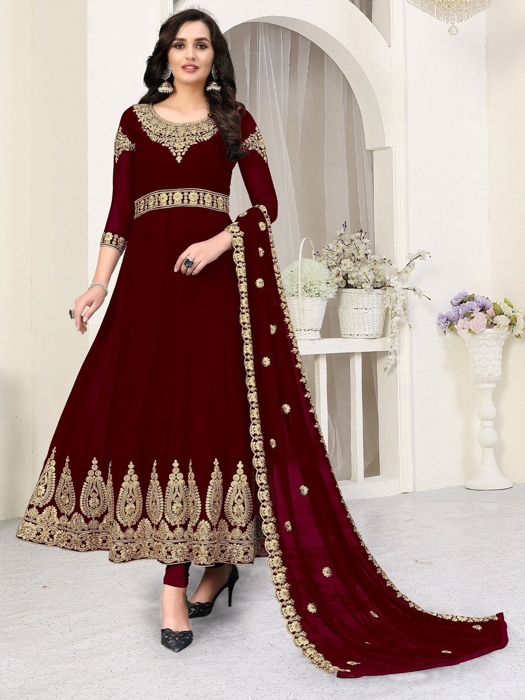 Divine International Trading Co Maroon & Gold-Toned Embroidered Unstitched Dress Material Price in India
