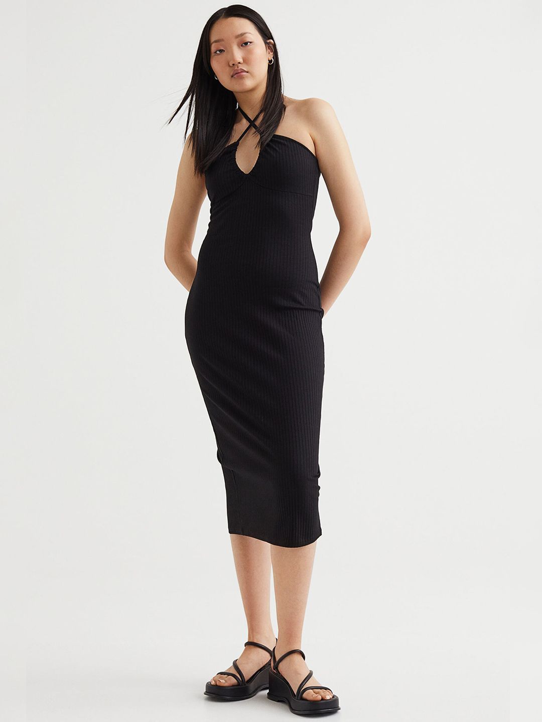 H&M Women Black Ribbed Halterneck Dress Price in India