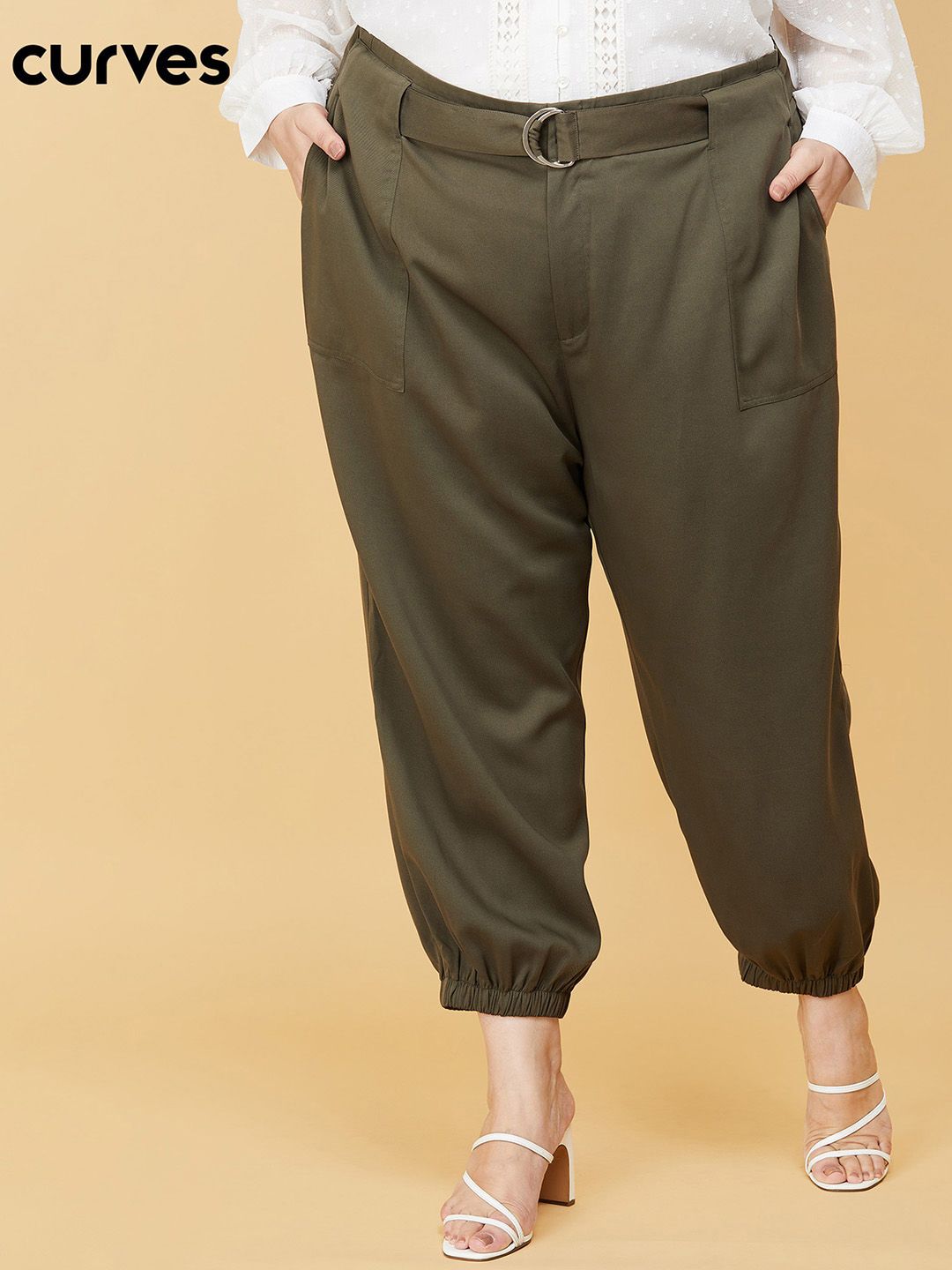 max Women Plus Size Green Regular Fit Solid Joggers Trousers Price in India