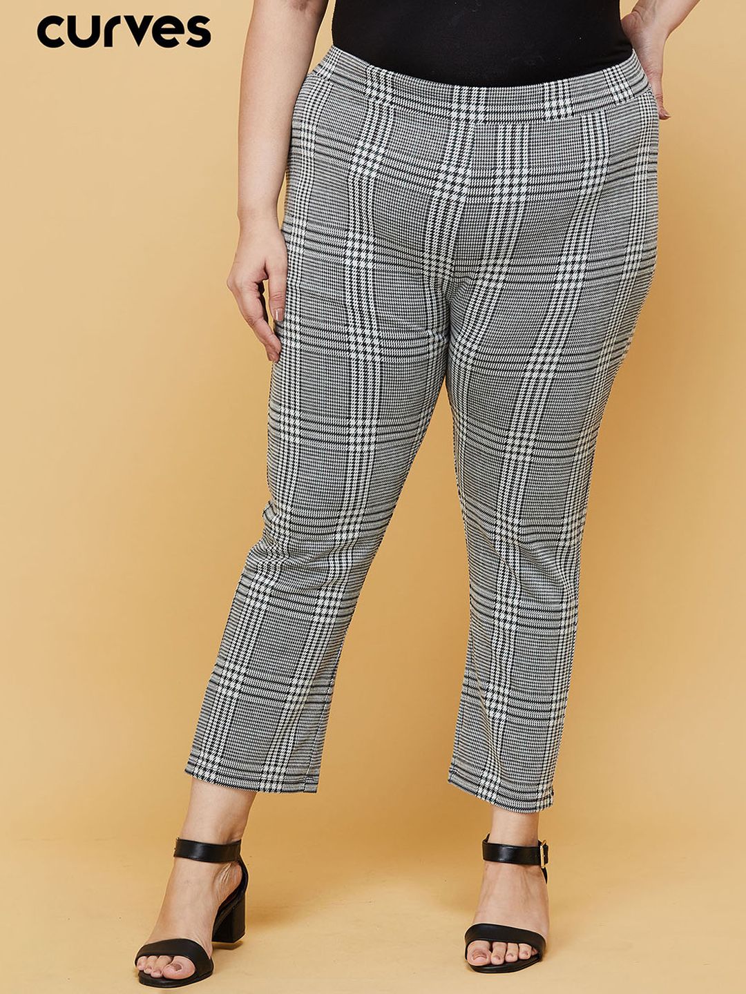 max Women Plus Size Cream-Coloured Checked Trousers Price in India