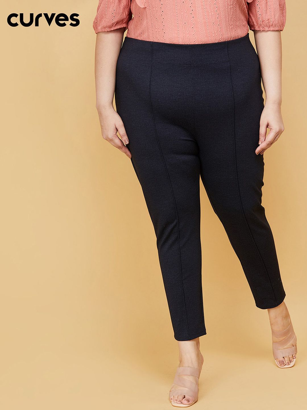 max Women Plus Size Navy Blue Solid Trousers Price in India