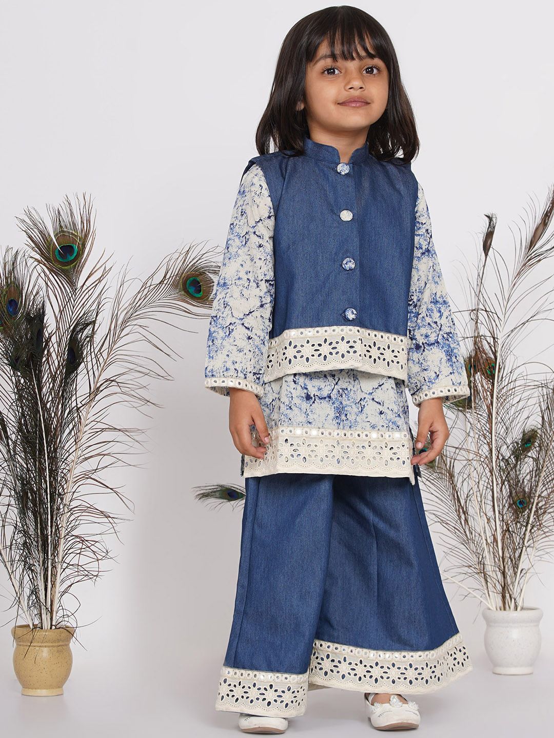 Little Bansi Girls Blue Ethnic Motifs Printed Layered Pure Cotton Kurta with Palazzos