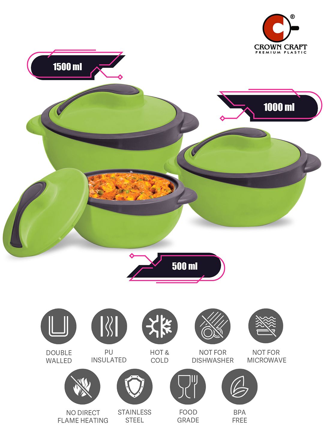 Crown Craft Set of 3 Green Stainless Steel Casseroles Price in India
