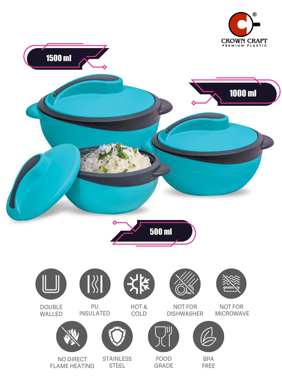 Crown Craft Set Of 3 Blue & Black Solid Casserole With Lid Price in India