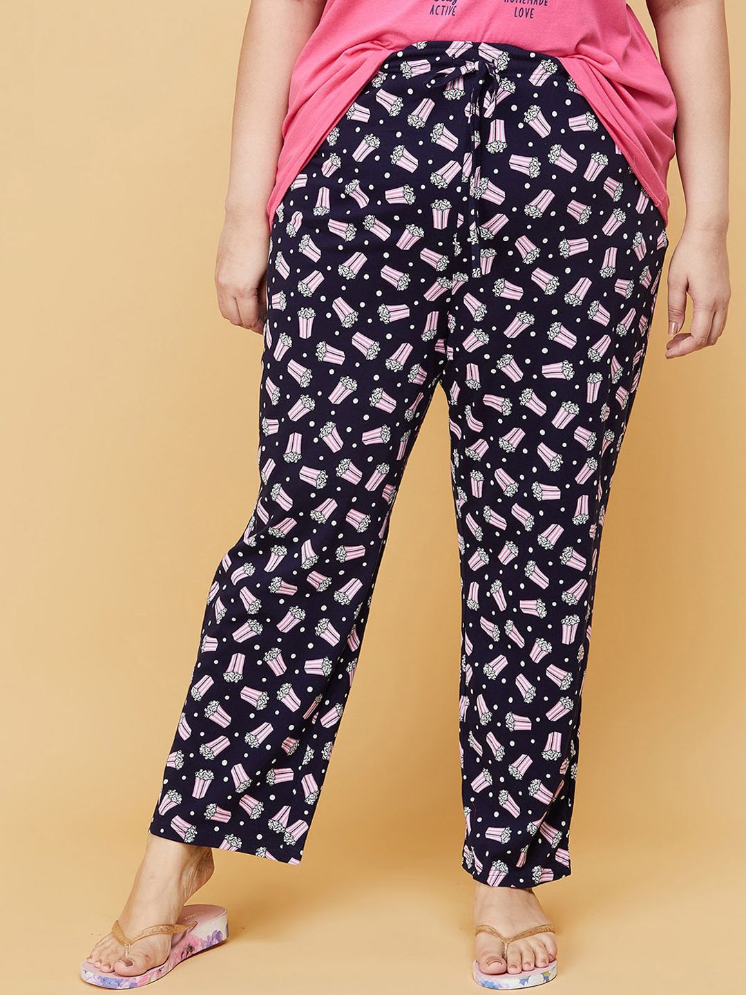 max Women Plus Size Blue & Pink Printed Pure Cotton Lounge Pants Price in India