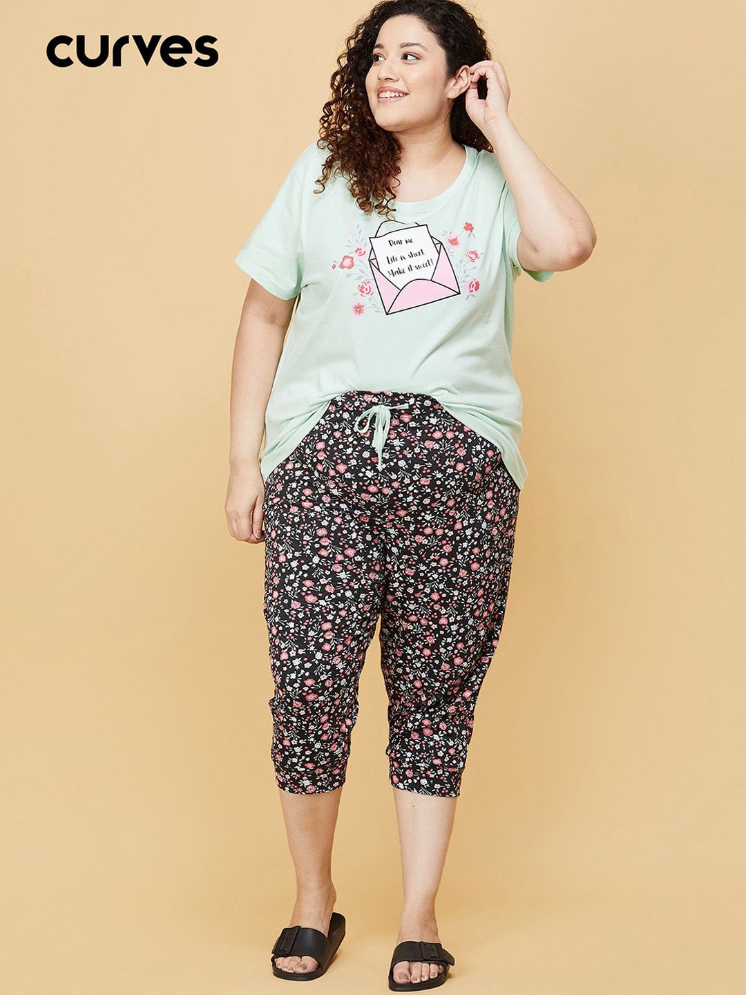 max Plus Size Women Blue Printed Pure Cotton Lounge Capris Price in India