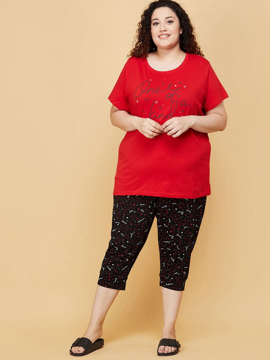 max Women Plus Size Red & Black Printed Pure Cotton Lounge Pants Price in India