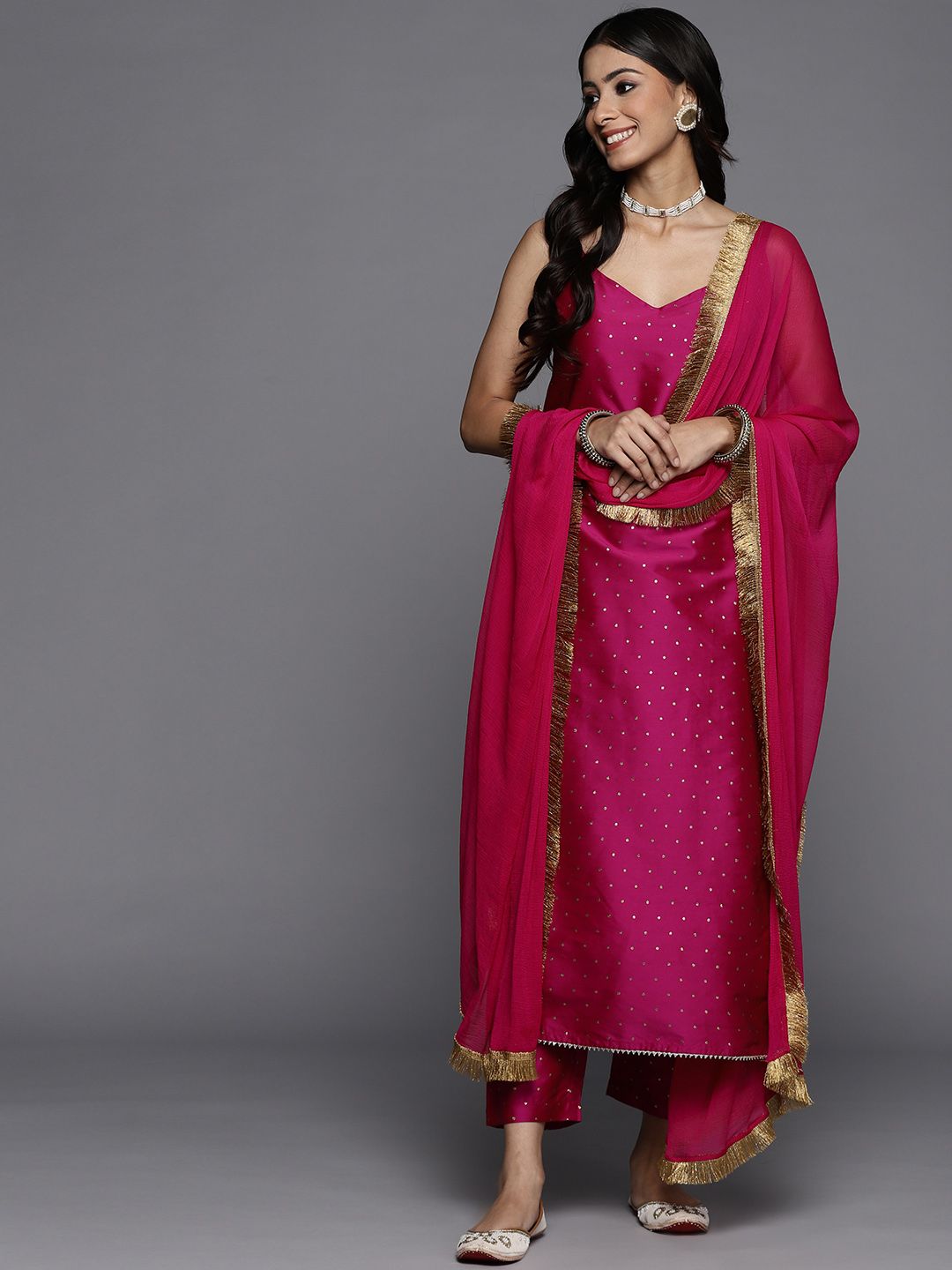 Varanga Women Magenta Printed Kurta with Trousers & Dupatta Price in India