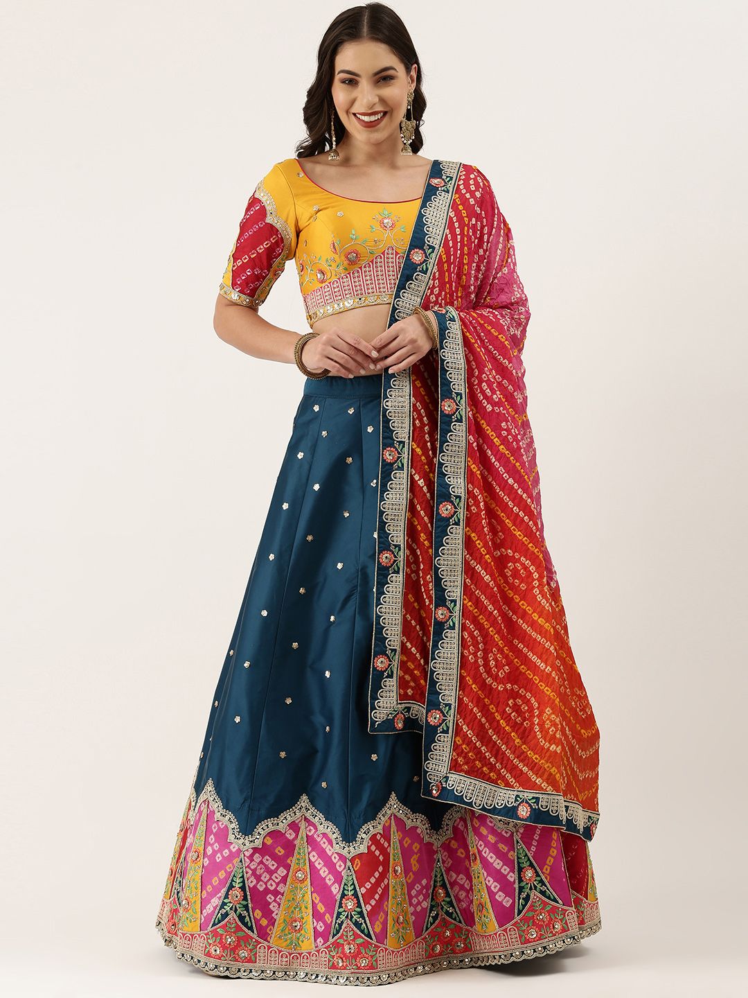 panchhi Navy Blue & Mustard Embellished Sequinned Semi-Stitched Lehenga & Unstitched Blouse With Dupatta