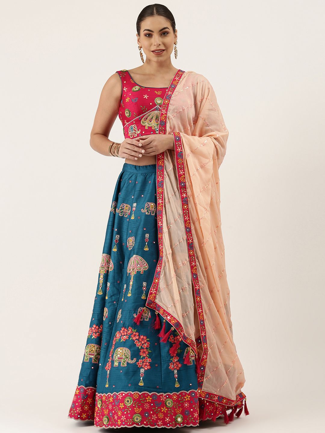 panchhi Blue & Pink Embellished Semi-Stitched Lehenga & Unstitched Blouse With Dupatta