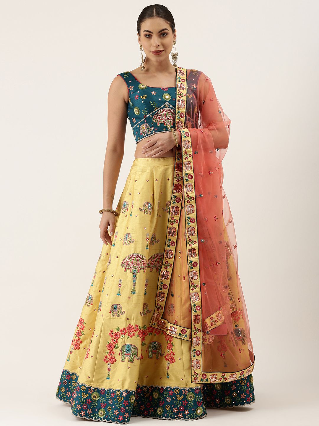 panchhi Yellow & Teal Embellished Semi-Stitched Lehenga & Unstitched Blouse With Dupatta