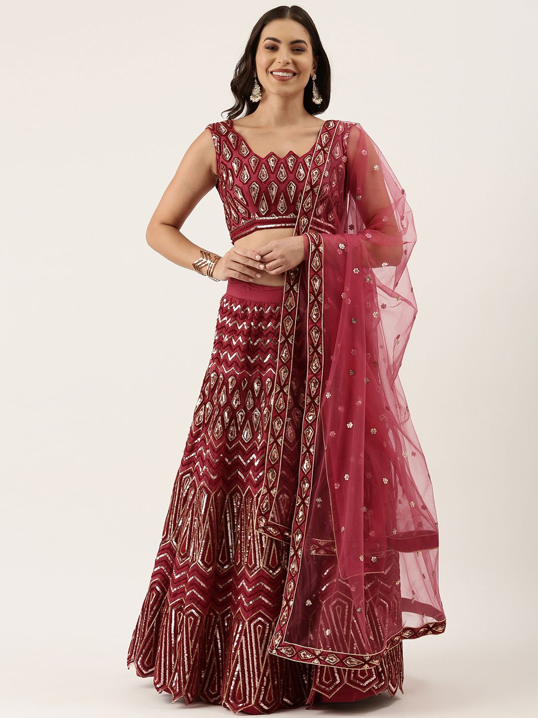 panchhi Maroon Embellished Sequinned Semi-Stitched Lehenga & Unstitched Blouse With Dupatta