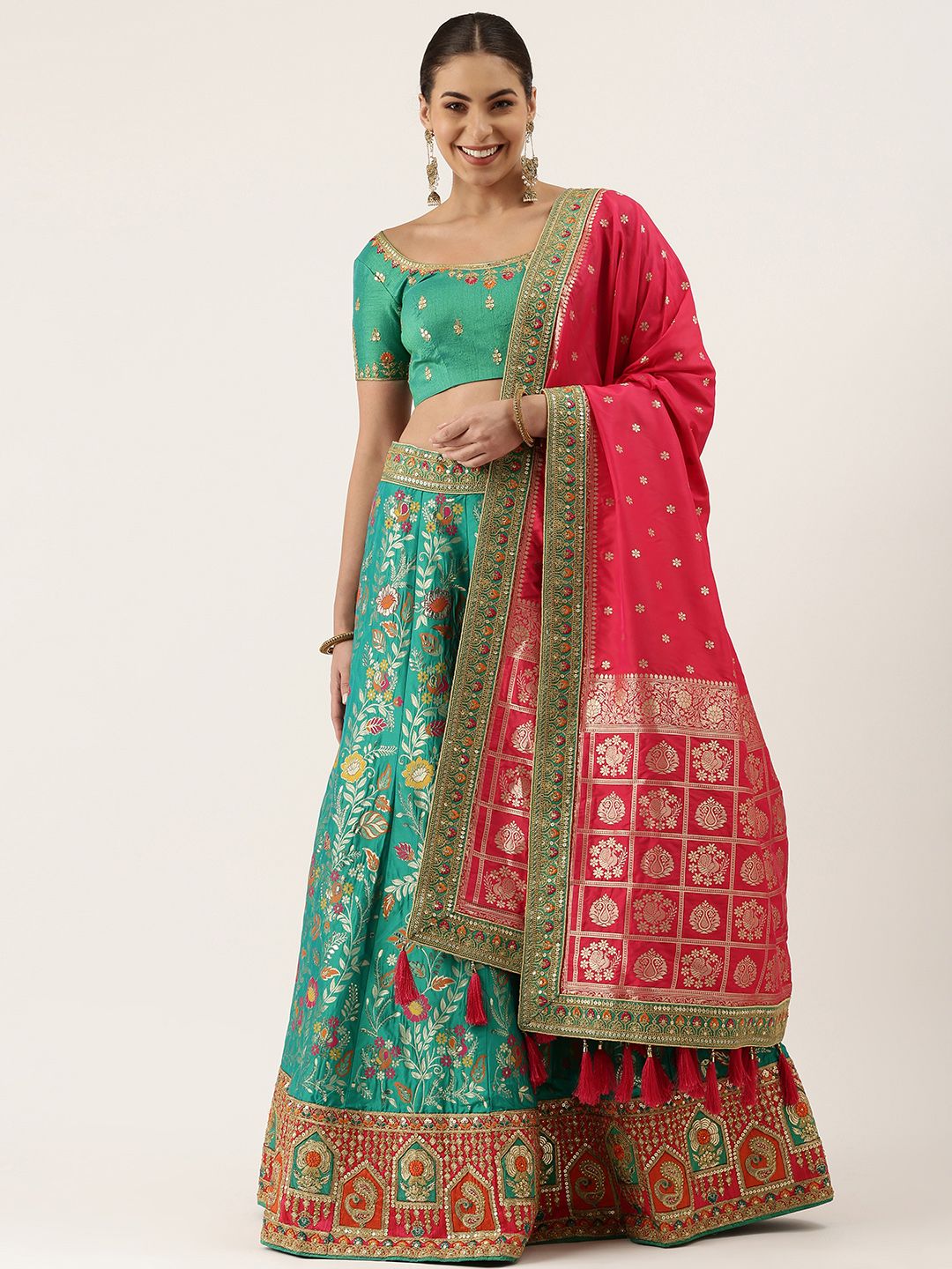 panchhi Sea Green & Red Embroidered Sequinned Semi-Stitched Lehenga & Unstitched Blouse With Dupatta