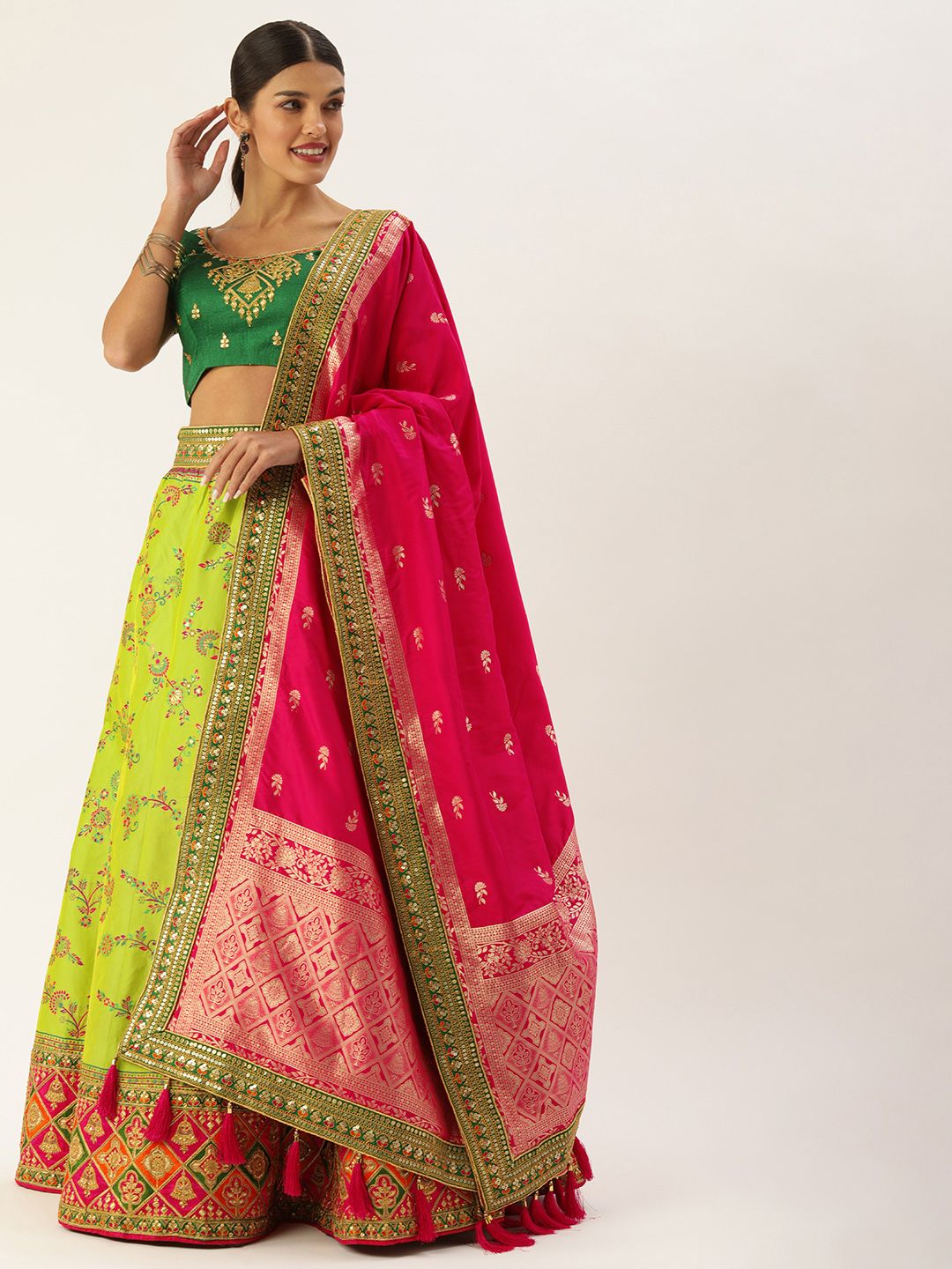 panchhi Lime Green & Embroidered Sequinned Semi-Stitched Lehenga & Unstitched Blouse With Dupatta