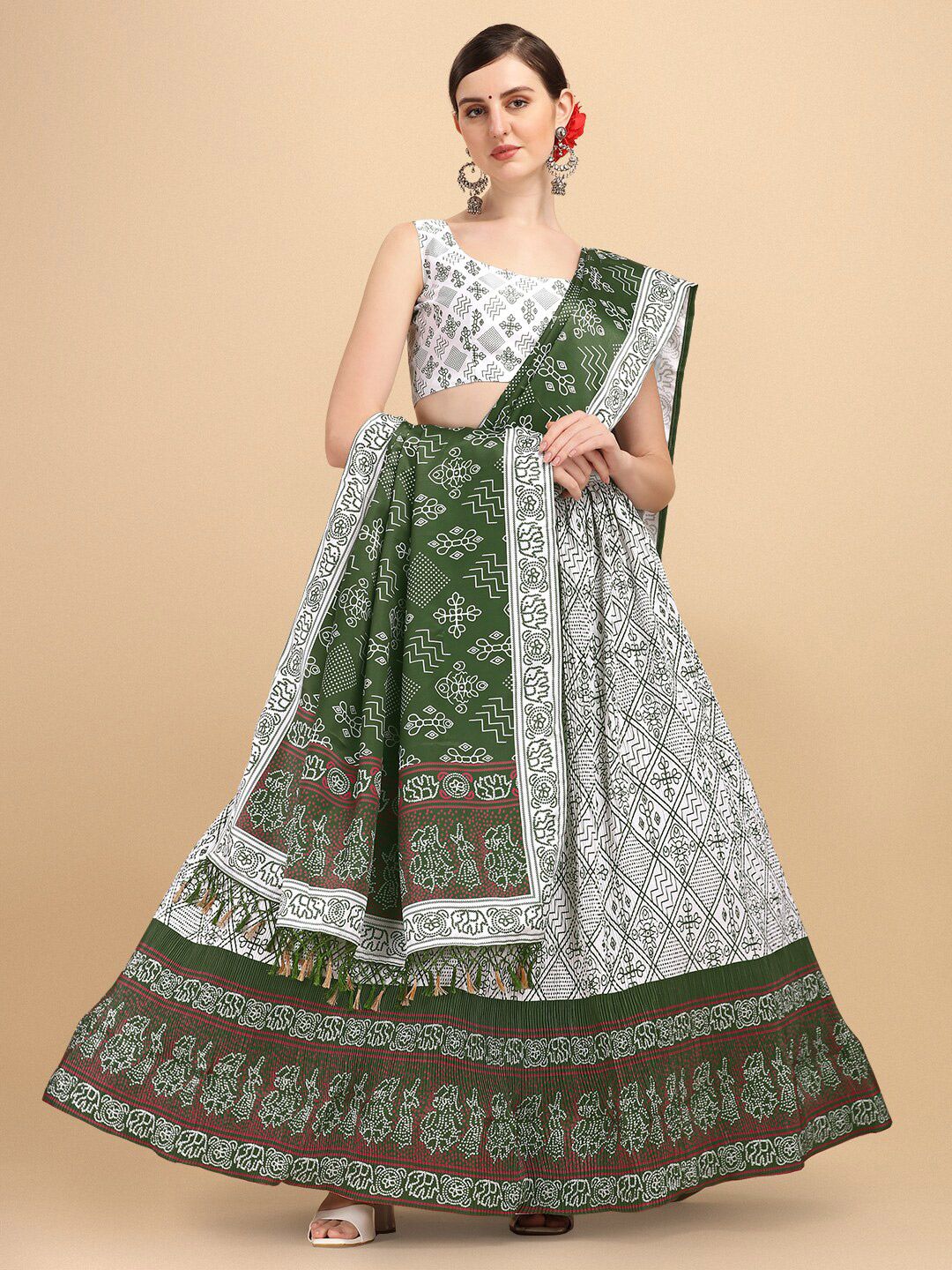 Fab Viva women White& Green Printed Semi-Stitched Lehenga & Unstitched Blouse With Dupatta Price in India