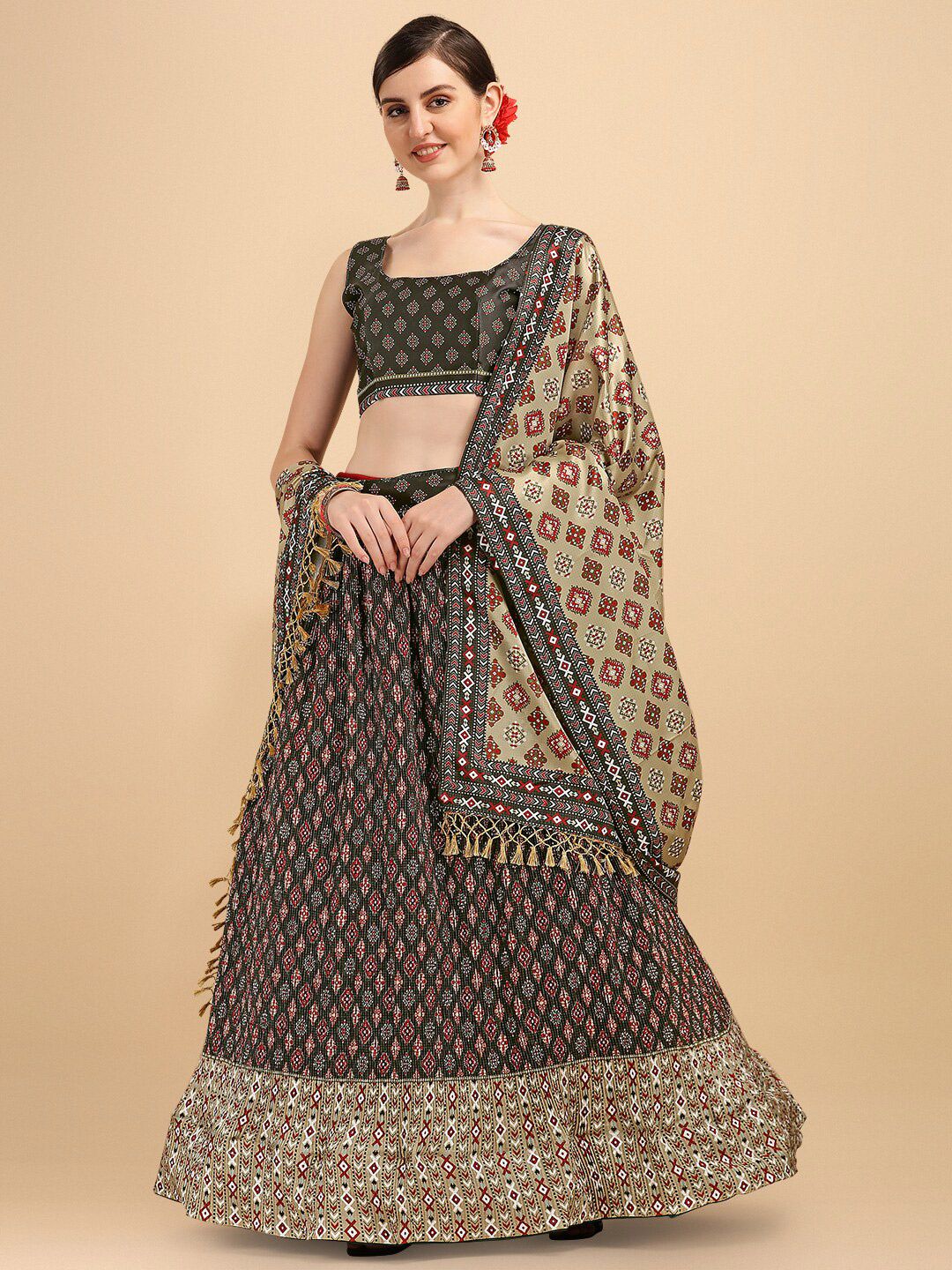 Fab Viva women Olive Green Printed Semi-Stitched Lehenga &Unstitched Blouse With Dupatta Price in India