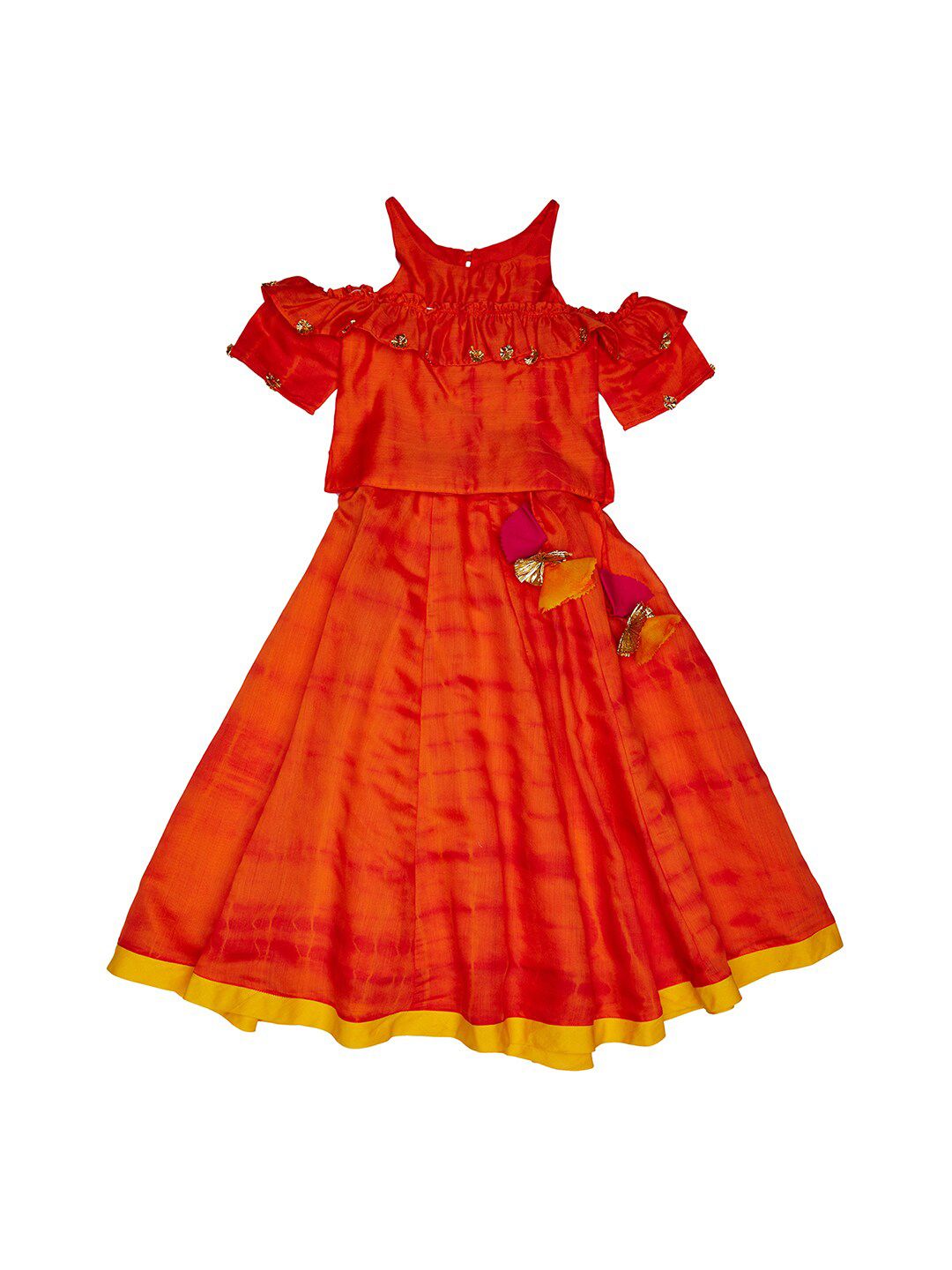 charkhee Girls Orange & Gold-Toned Ready to Wear Lehenga & Choli