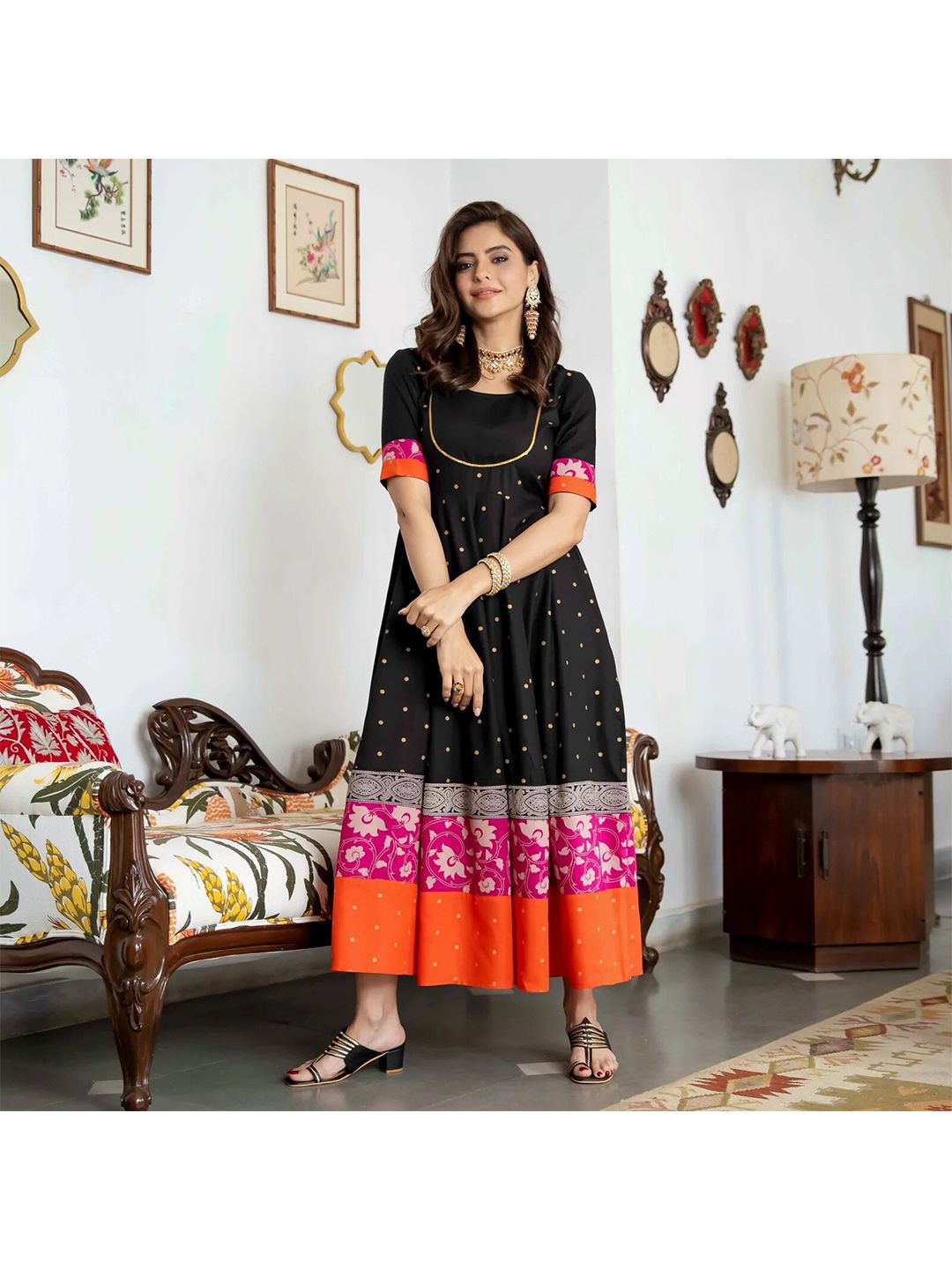 Rustorange Black Floral Rayon Maxi Dress Price in India