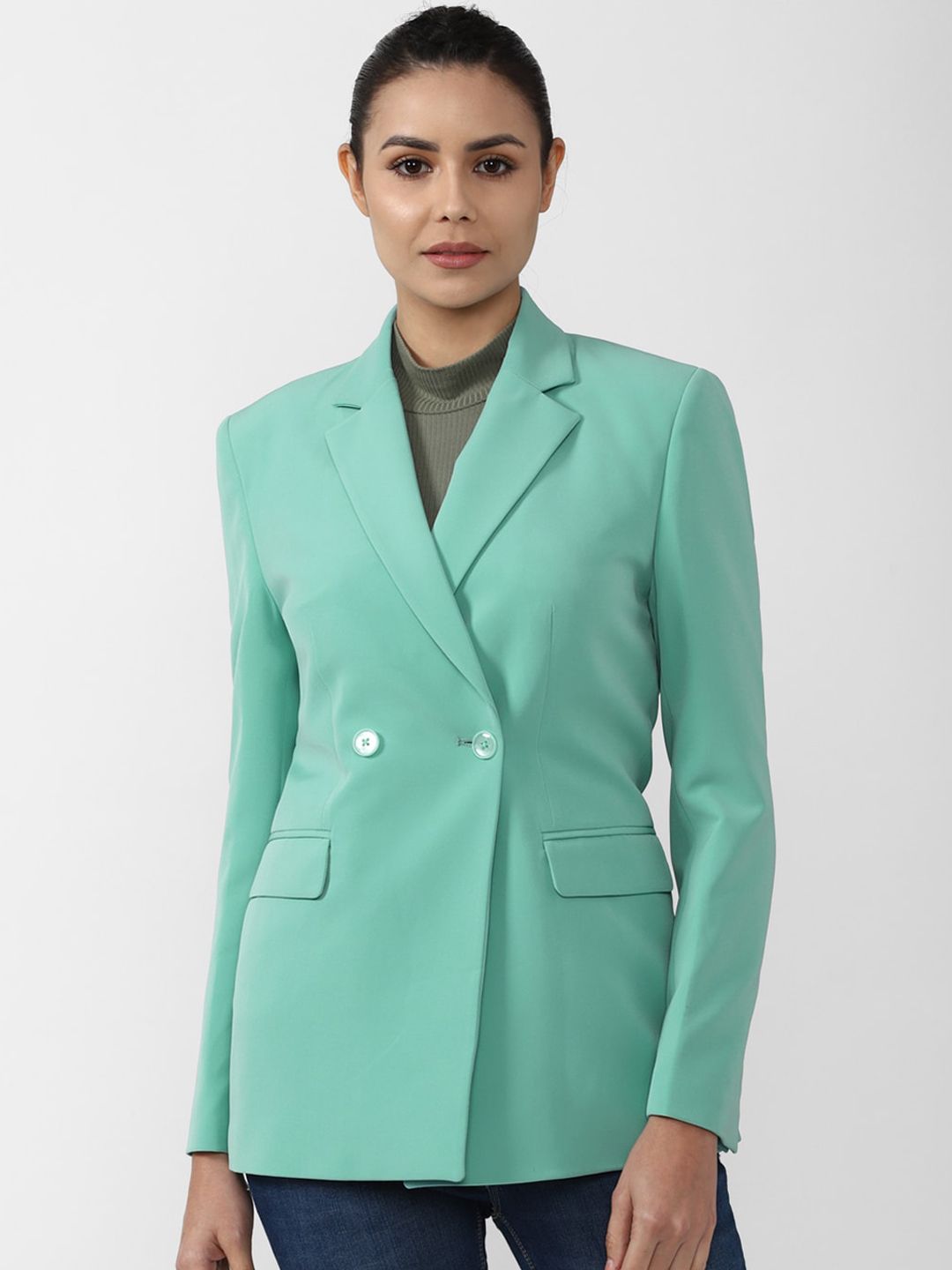 Van Heusen Woman Women Green Solid Double Breasted Blazers Price in India