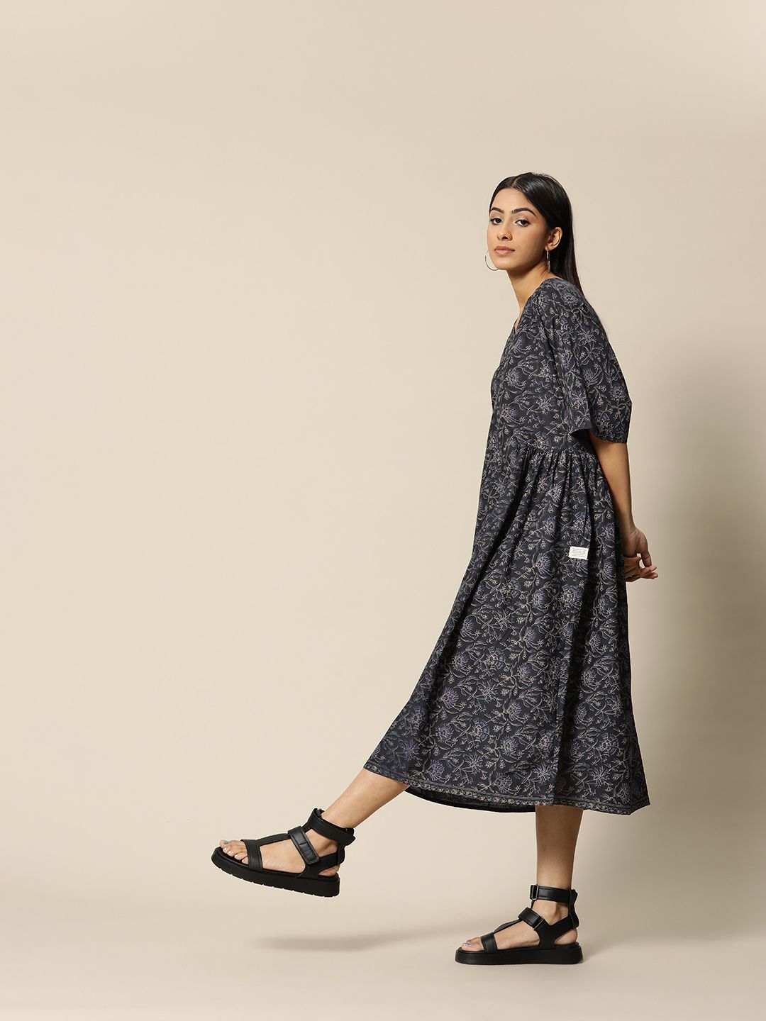 BOWER Black & Navy Blue Ethnic Block Printed Cotton Midi Dress Price in India