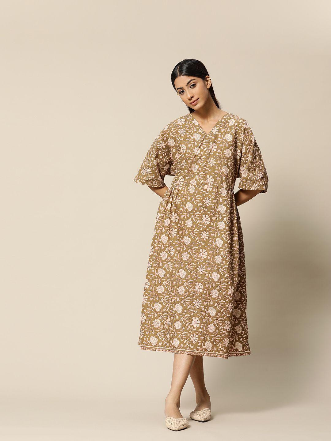 BOWER Brown & Off-White Ethnic Block Printed Cotton Midi Dress Price in India