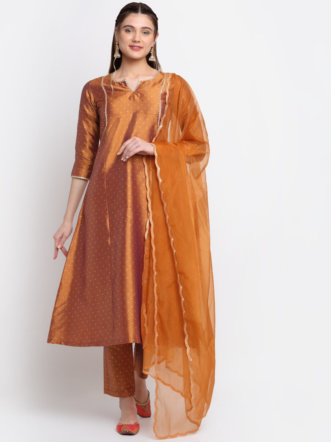 anokherang Women Copper-Toned Pure Silk Kurta with Trousers & With Dupatta