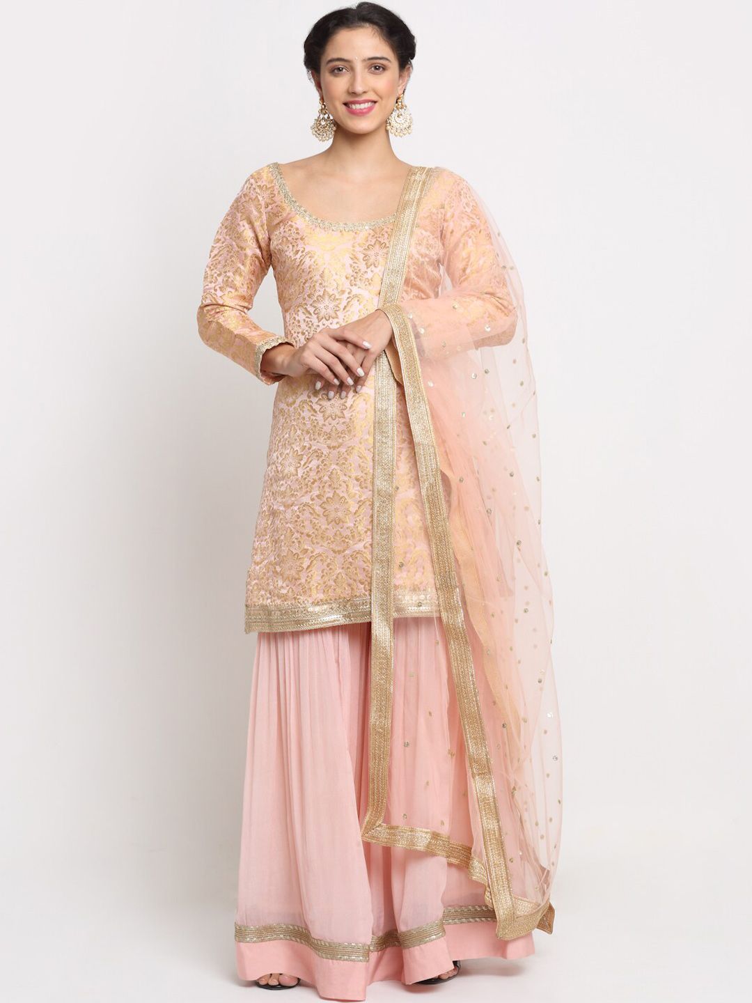 anokherang Women Peach-Coloured Embroidered Empire Kurti with Sharara & With Dupatta Price in India