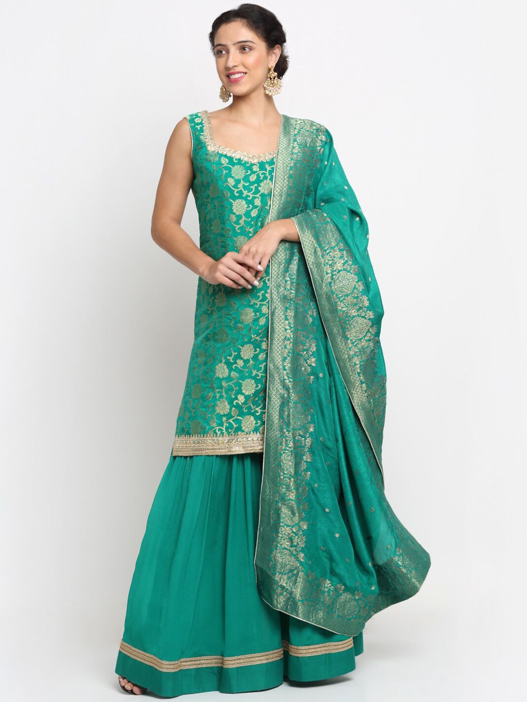 anokherang Women Green Floral Pleated Top with Trousers & With Dupatta Price in India